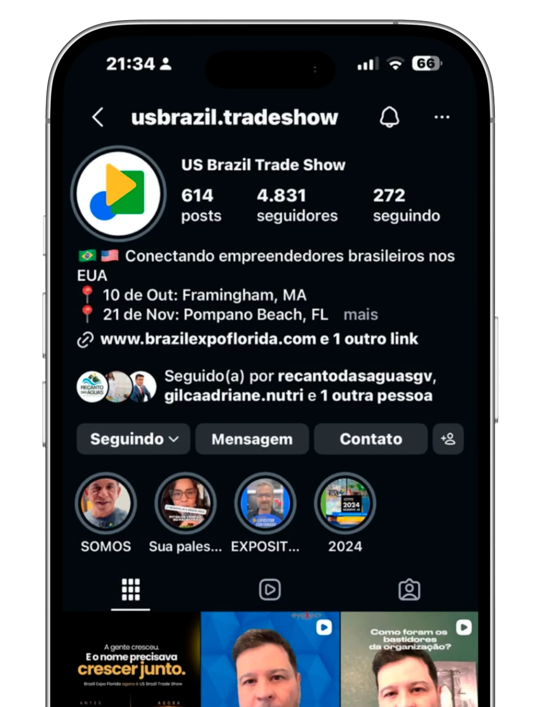 Perfil da US Brazil Trade Show aberto num celular