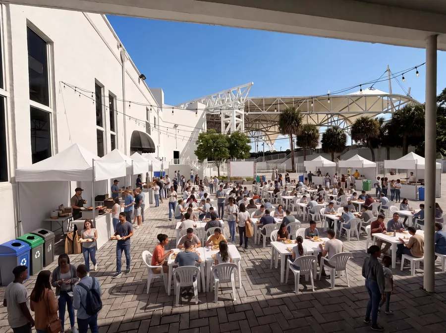 Praça de alimentação no pátio externo, com barracas e público nas mesas